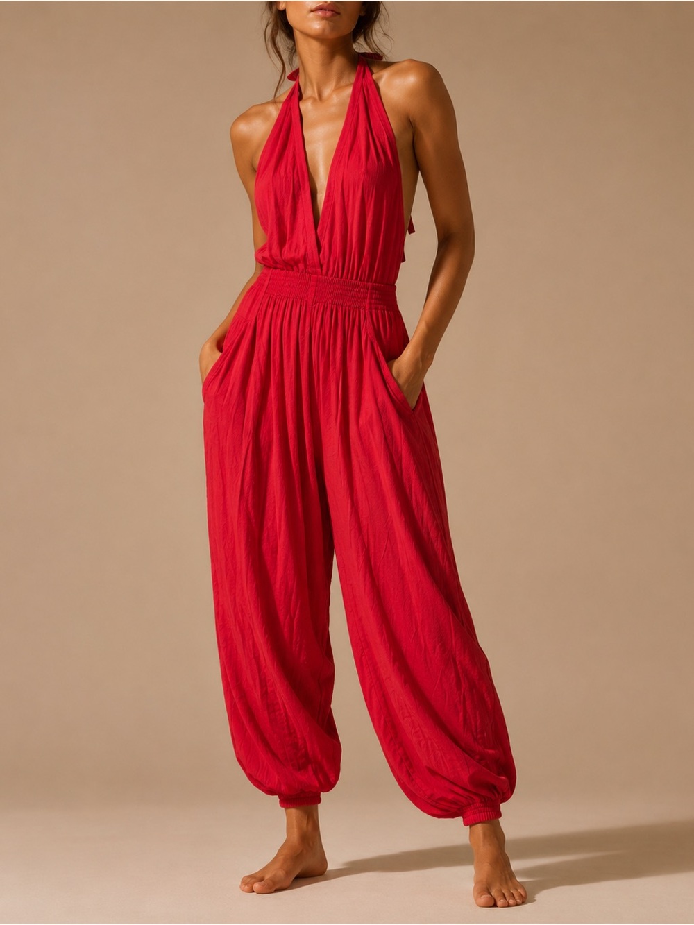 Lulu's Red Halter Smocked-Waist Jumpsuit
